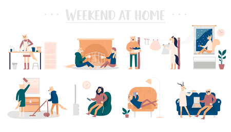 Set of young men and women spending weekend at home. Talk by the fireplace, cook together food, wash things, clean the apartment, watch TV, read a book and eat together pizza conceptsのイラスト素材