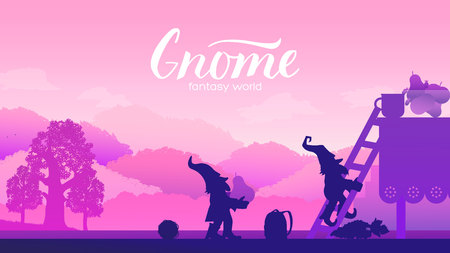 Gnomes are trying to steal fruit from the table. Fantasy character on magical world concept. Landscape nature vector illustration. Fairy tale fantastic dwarf elf characterのイラスト素材