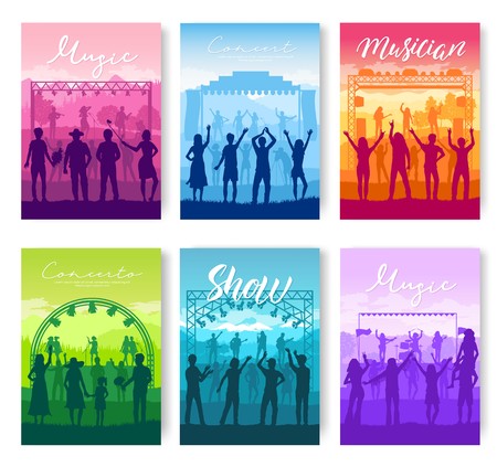 Musical festival on outdoor air park vector brochure cards set. The musical group performs song template of flyer, magazines, poster, books, banners. lifestyle invitation concept. Layout modern pageのイラスト素材