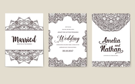 Universal flyer 3x4 with unique decoration. Invitation card for birthday, party or wedding. Traditional illustration design with typography for printing. Vertical festive postcard with invitation textのイラスト素材