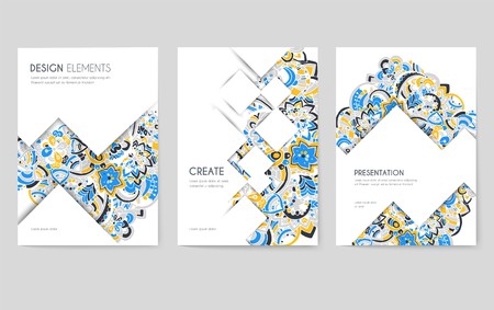 Abstract vector brochure cards set. Print art template of flyear, magazines, posters, book cover, banners. Colorful design invitation concept  background. Layout ornament illustrations modern pageのイラスト素材
