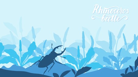 Beetle Rhino climbs on a stone in the grass background. Life of insects in the wild illustration. Beauty acro world designのイラスト素材