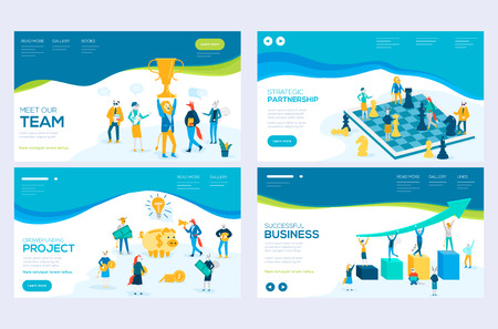 Website and mobile website development illustration concepts. Set of web page design templates for our team, meeting and brainstorming, business success, strategic partnership, crowdfunding. Modern illustrationのイラスト素材
