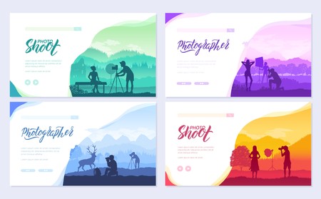 photoshoot ideas in nature brochure cards set. The photographer takes pictures of the girl template of flyear, magazines, poster, books, invitation banners. modern photo session layoutのイラスト素材