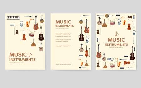 Music instruments  vector brochure cards set.  Audio tools template of flyear, magazines, poster, book cover, banners. Concert invitation concept background. Layout illustration modern page backgroundのイラスト素材