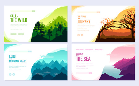 Nature vector brochure cards set. Ecology template of flyear, web banner, ui header, enter site. Outdoor invitation concept background. Layout illustration modern slider page backgroundのイラスト素材