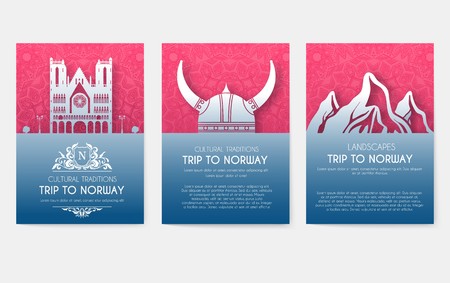 Set of Norway country ornament illustration concept. Art traditional, book, poster, abstract, ottoman motifs, element. Vector decorative ethnic greeting card or invitation design background.のイラスト素材