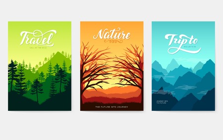 Nature vector brochure cards set. Ecology template of flyer, magazines, poster, book cover, banners. Outdoor invitation concept background. Layout illustration modern page background.のイラスト素材