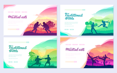 Representatives of traditional fighters from all over the world  brochure cards set. Fighting style battle nature template of  flyear, web banner, ui header, enter site. Layout modern slider pageのイラスト素材