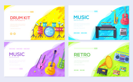 Music instruments brochure card set. Audio tools template of flyear, web banner, ui header, enter site. Concert layout invintation modern sliderのイラスト素材