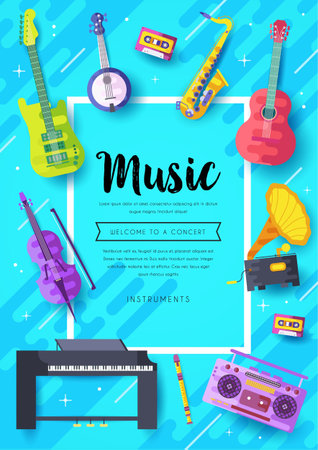 Music instruments  vector brochure cards set.  Audio tools template of flyear, magazines, poster, book cover, banners. Concert invitation concept background. Layout illustration modern page backgroundのイラスト素材