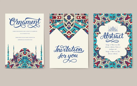 Set of Turkish flyer page ornament illustration concept. Art traditional, Islam, arabic, abstract, ottoman motifs, elements. Vector decorative ethnic greeting card or invitation design background.のイラスト素材