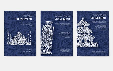set of art ornamental travel and architecture on ethnic floral style flyers. Vector decorative banner of card or invitation design. Historical monuments of France, England, Italy, USA, Germany, Mexicoのイラスト素材