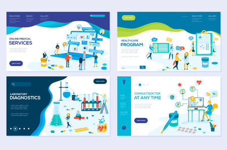 illustration of online medical support, health care, laboratory, medical services modern vector concepts. Set of web page design templates. Banners website and mobile website developmentのイラスト素材
