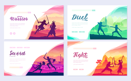 Martial arts of different Nations of the world. Traditional fights with weapon brochure card set. Fighting style battle template of flyear, web banner, ui header, enter site. Layout modern slider pageのイラスト素材