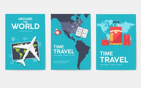 Tour of the world vector brochure set. Travel template of flyer, magazines, posters, book cover, banners. Summer vacation trip infographic concept background. Layout illustrations modern pagesのイラスト素材