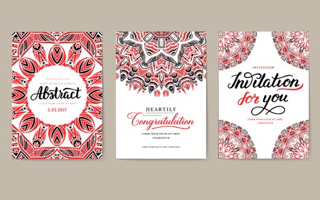 Universal flyer 3x4 with unique decoration. Invitation card for birthday, party or wedding. Traditional illustration design with typography for printing. Vertical festive postcard with invitation textのイラスト素材