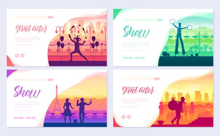 Street artists around the world brochure cards set. Speech on the alleys of the city template of flyear, web banner, ui header, enter site. Invitation concept background. Layout modern slider pageのイラスト素材