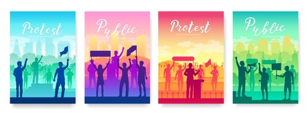 Men and women share a protest vector brochure cards set.  Layout crowd of protester template of flyear, magazines, poster, book cover, banners. revolution, conflict invitation concept background.のイラスト素材
