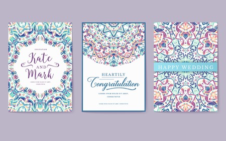 Universal flyer 3x4 with unique decoration. Invitation card for birthday, party or wedding. Traditional illustration design with typography for printing. Vertical festive postcard with invitation textのイラスト素材