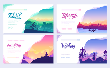 Sport rest day vector brochure cards set.  Tourism on nature template of flyer, web banner, ui header, enter site. Invitation concept background. Layout illustration modern slider pageのイラスト素材