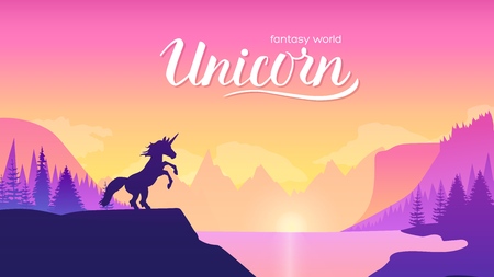 Unicorn on the mountainside near the lake concept. Creatures in fantasy worlds vector illustration design. Nature landscape backgroudのイラスト素材