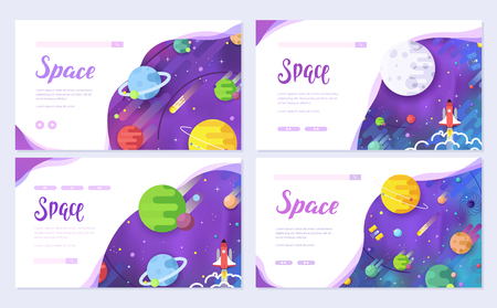 huge universe vector brochure cards. Outline outer space rocket template of flyear, web banner, ui header, enter site. Colorful thin line set. background. Layout icons stars in galaxy slider pageのイラスト素材