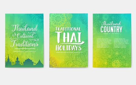 Traditional style brochure pages. Flyer for travel around the thai country. Architecture and animals of Thailand and India on invitation covers. Ethnic ornaments on an illustration for printのイラスト素材