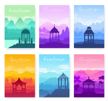 Outdoor gazebo in nature landscape vector brochure cards set. Romantic place on sunrise template of flyer, magazines, poster, books, banners. lifestyle invitation concept. Layout modernのイラスト素材