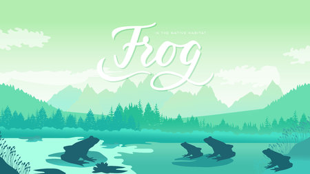 frog sits on a leaf near the lake. Animals in their natural habitat. Vector illustration natureのイラスト素材