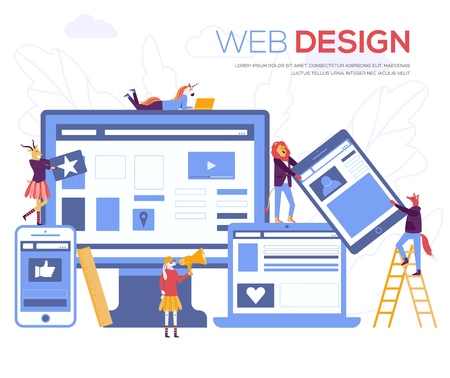 Development of mobile websites vector illustration. Creating a website applications, transferring information, web page design concept. Small people are working on SEOのイラスト素材