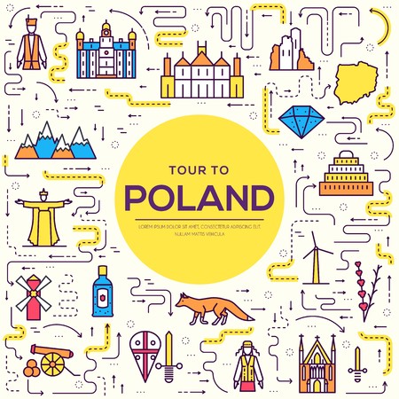 Country thin line Poland travel vacation guide of goods, places and features. Set of architecture, fashion, people, items, nature background concept. Outline template design on flat styleのイラスト素材