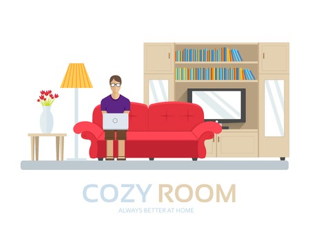 Cozy house in flat design background concept. The guy sitting on the couch in the room and around furniture. Icons for your product or illustration, web and mobile applications.のイラスト素材