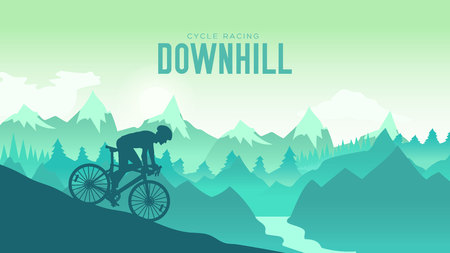 Silhouette yang man riding a mountain bike at sunset design. Cyclist Riding the Bike Down Rockyのイラスト素材