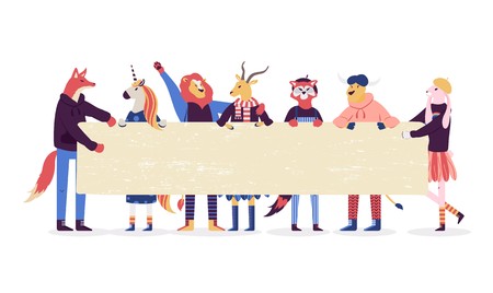 People taking part in parade or rally colorful vector illustration. People protesters or activists in flat cartoon concept. Group of young standing together and holding blank bannerのイラスト素材
