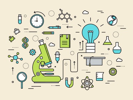 Thin line scientific modern illustration concept. Infographic way from thinking the idea to the research. Icons isolated on white background. Flat vector template design for web and mobile.のイラスト素材