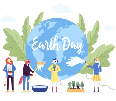 little character prepare for the day of the Earth concept. Save the planet, save energy, the hour of the Earth design. Earth day vector flatのイラスト素材
