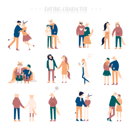 Flat cartoon happy romantic couples walking together on white background. Standing single lonely girl or pairs of men and women on date. Modern colorful vectorのイラスト素材