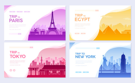 Travel information cards. Landscape template of flyear, magazines, posters, book cover, banners. Country of Japan, USA, France and Egypt set. Layout city pagesのイラスト素材