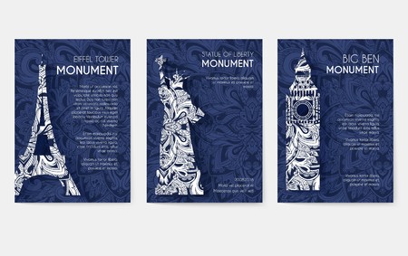 set of art ornamental travel and architecture on ethnic floral style flyers. Vector decorative banner of card or invitation design. Historical monuments of France, England, Italy, USA, Germany, Mexicoのイラスト素材