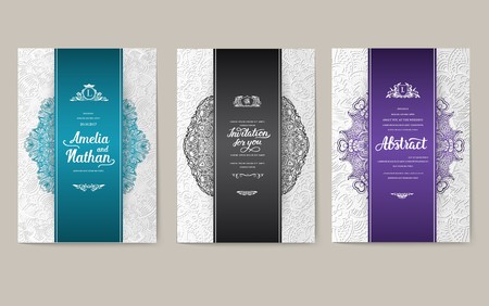 Universal flyer 3x4 with unique decoration. Invitation card for birthday, party or wedding. Traditional illustration design with typography for printing. Vertical festive postcard with invitationのイラスト素材
