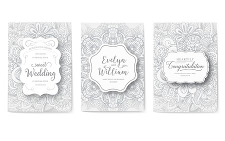 Set of wedding card flyer pages ornament illustration concept. Vintage art traditional, Islam, arabic, indian, ottoman motifs, elements. Vector decorative retro greeting card or invitation designのイラスト素材