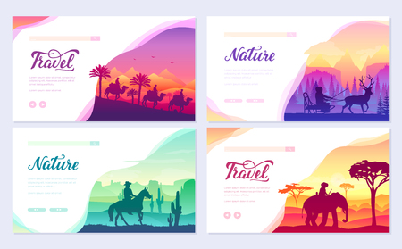 Different riders of the world vector brochure cards set. Colorful landscape template of flyear, web banner, ui header, enter site. Invitation concept background. Layout illustration modern sliderのイラスト素材