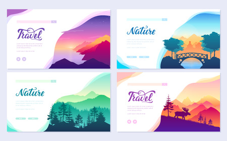 Nature vector brochure cards set. Ecology template of flyear, web banner, ui header, enter site. Outdoor invitation concept background. Layout illustration modern slider page backgroundのイラスト素材