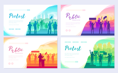 Men and women share protest. Crowd of protester brochure card set. Revolution, conflict template of flyear, web banner, ui header, enter site. Layout invintation modernのイラスト素材