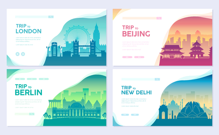 Travel information cards. Landscape template of flyear, magazines, posters, book cover, banners. Country of England, China, Germany, India, Japan, USA, France and Egypt set. Layout city pagesのイラスト素材