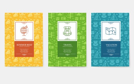 Set of linear travel style concept. Journey element on poster, book, layout abstract, magazines, brochure. Vector thin line vacation tour greeting card or invitation design backgroundのイラスト素材