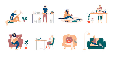 Playing guitar, eating sushi, surfing internet, listening to music, reading books, cooking. Bundle of young men and women spending weekend at home. Colored vector illustration in flat cartoonのイラスト素材