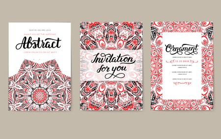 Universal flyer 3x4 with unique decoration. Invitation card for birthday, party or wedding. Traditional illustration design with typography for printing. Vertical festive postcard with invitationのイラスト素材