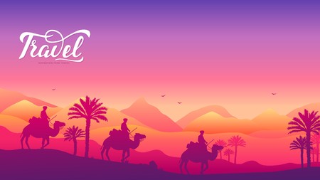 caravan of camels on background of the desert. Traditions of people in the Arab countries concept. Traveling in the desert on camels in the heat. Colorful landscape with travelersのイラスト素材
